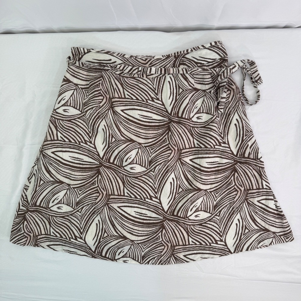 Talbots Woman Irish Linen Wrap Skirt 16W Brown White Abstract Print Lined Tie